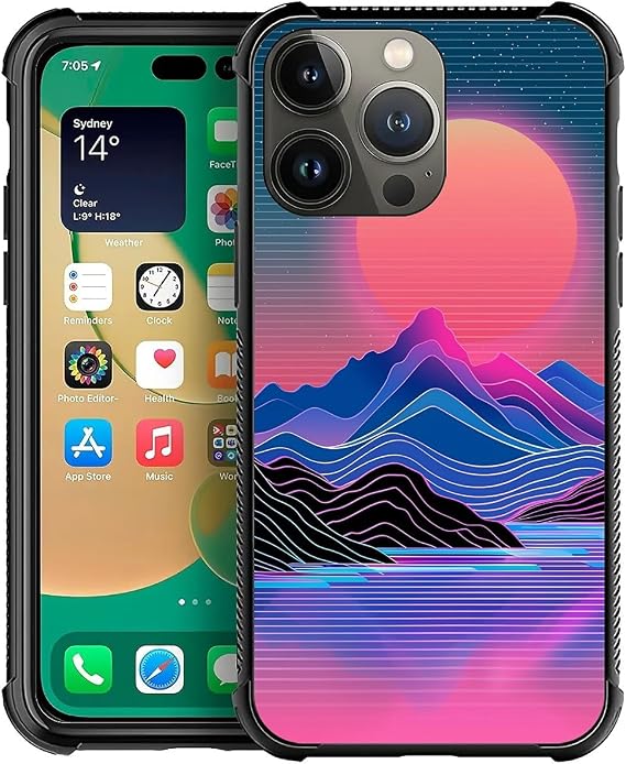CARLOCA iPhone 13 Pro Max用ケース Synthwave パープル 風景 アイデンティティ グラフィックデザイン 耐衝撃 傷防止 ハードアクリルケース Apple iPhone 13 Pro Max用