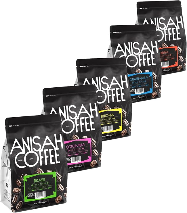 Anisah Coffee Dünya Filtre Kahveleri Tanışma Seti | 5x250gr | Çekirdek | Kenya, Guatemala, Ethiopia, Colombia, Brasil