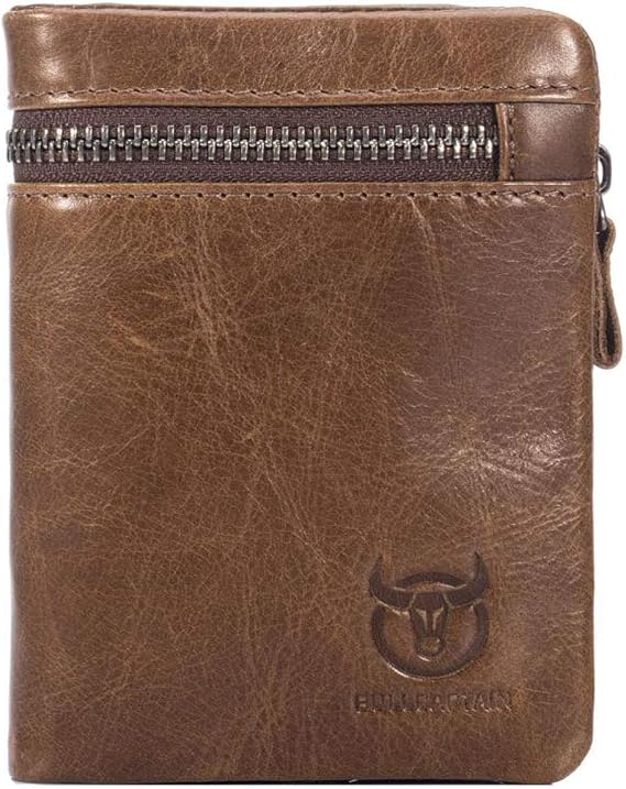 Genuine Leather Men Wallet, RFID Blocking Antimagnetic Credit Card Holder, Zipper Coin Purse Brown