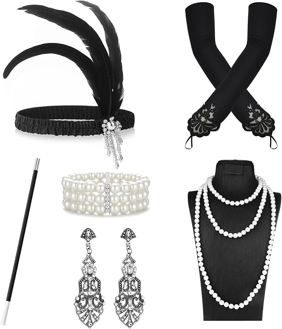 Grantop 6PCS 1920s Flapper Great Gatsby Accessories,1920s Fancy Dress Accessories with Headband Earrings Pearl Necklace Gloves Handheld Props,Vintage 1920s Accessories, Roaring 20s Costume for Women