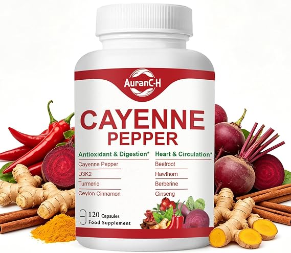 Cayenne Pepper Capsules, 8-in-1 2000mg per Serving with Vitamins D3, K2 & E, Capsaicin Power Supports Healthy Circulation & Daily Energy, Features Hawthorn, Beetroot & Turmeric, 120 Capsules