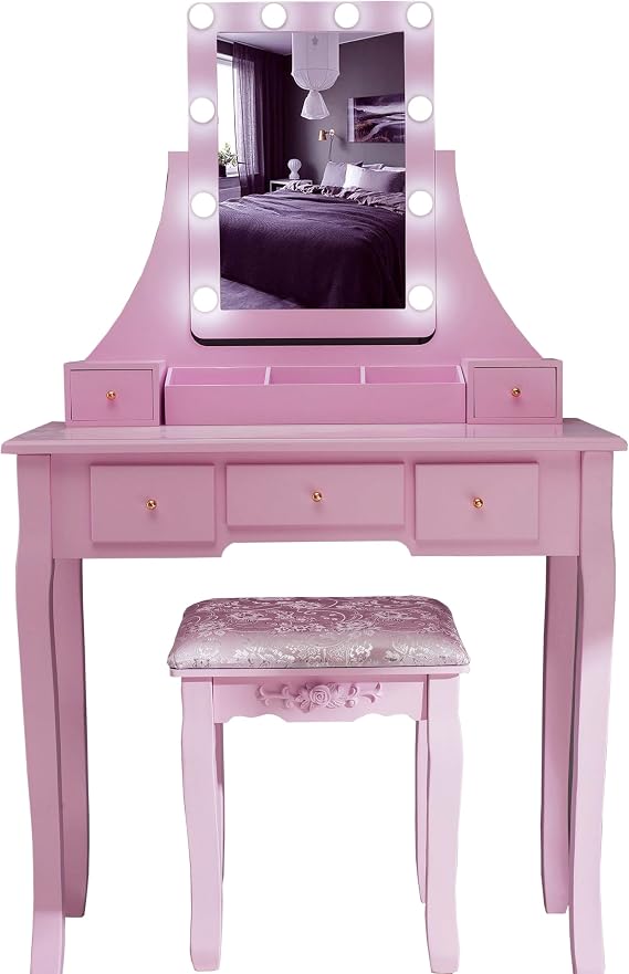 Pink Dressing Table, Led Mirror & Stool Set (5 Drawer) Bedroom Makeup Desk
