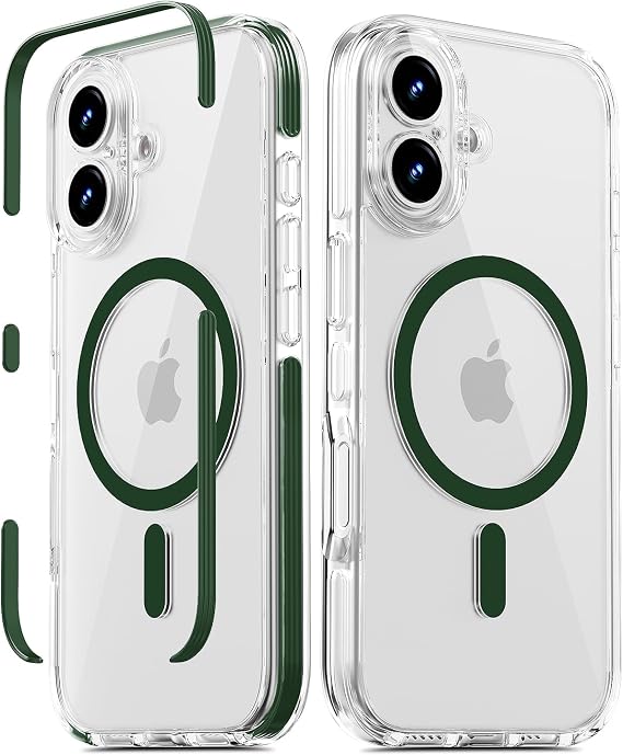 COOLQO iPhone 16用ケース:ストリップ付きクリア磁気カバー、グリーン