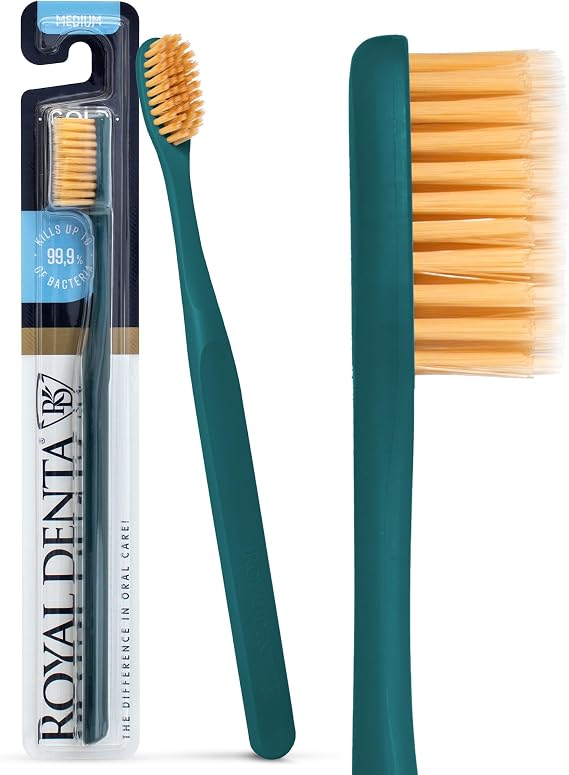 Manual Toothbrush, Medium Hard Firm Bristles for Adults, Dual Length Gold Infused Plaque Removing Tooth Brush, Soft on Gums & Teeth, Made in Korea (Teal)