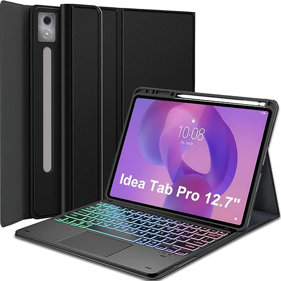 Touchpad Keyboard Case for Lenovo Idea Tab Pro 12.7 Inch 2025 TB-373FU TB-375FC, 7 Color Rainbow Backlight Detachable Bluetooth Trackpad Keyboard Folio Smart Cover with Pen Holder