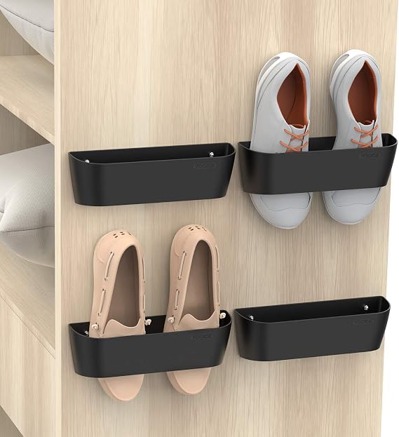 Wall Mounted Shoes Rack 4Pack with Sticky Hanging Strips, Plastic Shoes Holder Storage Organizer,Door Shoe Hangers (SM03-Black-4)