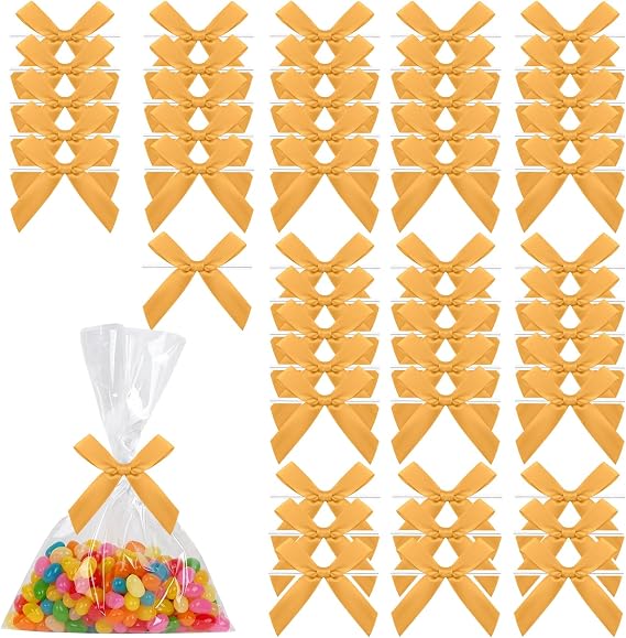 Small Gift Bow Set, 50 Pieces Golden Satin Bowknot with Twist Tie for Gift Wrapping, Treat Bags, Party Decoration and Craft Projects