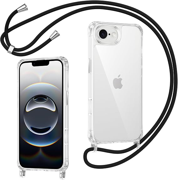Coiwxmoi Transparent Case for iPhone 16e/SE 4/SE 2025 with Rope, Anti-Shock Anti-Scratch Case with Pendant Necklace Adjustable TPU Silicone Protection Case with Lanyard for iPhone 16e, Black
