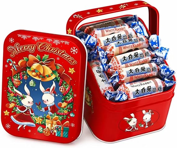 MAFUSE Original Flavor White Rabbit Creamy Candy Collectible Tin Traditional Chinese Sweets Ideal for Halloween, Graduations, Birthdays, and For Candy Lovers (Christmas Box)