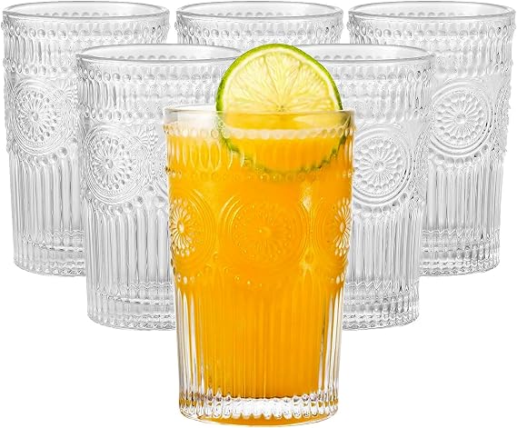 6 Pack 12 oz Premium Drinking Glasses, Romantic Water Glasses, Glassware Set with Flower Design, Juice Cups for Cocktails & Beverages for Home and Bar