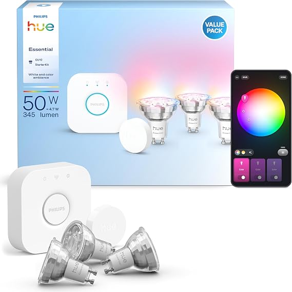 Philips Hue Essential Starter Kit: Hue Bridge + 3 GU10 Bulbs + Smart Button [Energy Class F]