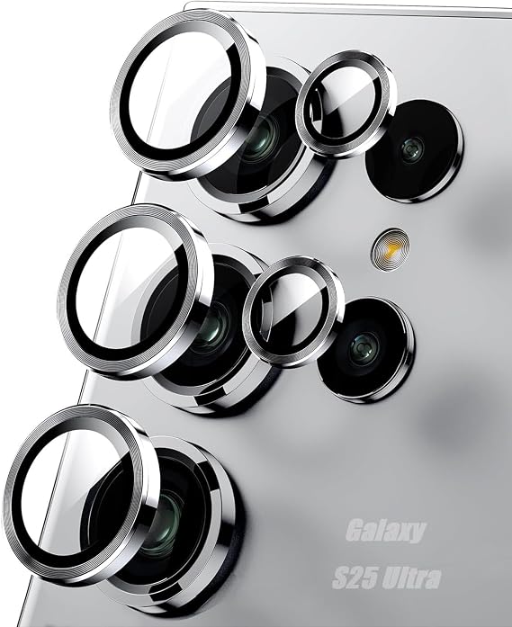 2-Pack Camera Lens Protector for Samsung Galaxy S25 Ultra 5G,9H Tempered Glass Individual Metal Ring Lens Protector,Ultra HD Scratch Resistant Camera Cover for Samsung S 25 Ultra,Silver