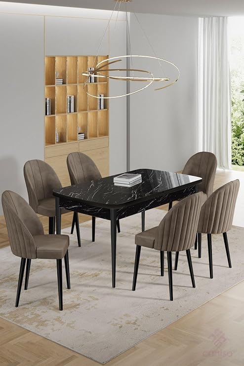 Enya Serisi 80x132 cm Açılabilir Siyah Mermer Desen Masa Takımı, 6 Cappucino Sandalye