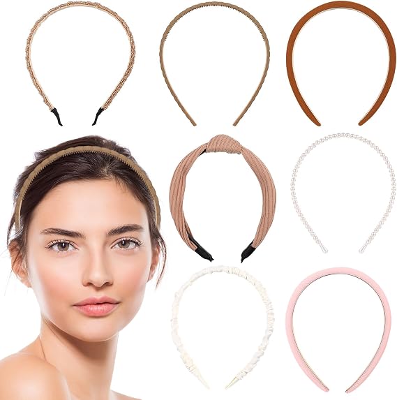 7 Pcs Fashion Headbands for Women's, Headbands for Women and Girls, Wide or Thick Pearl Knotted Padding Hairbands, Vintage Head Bands Hair Bands for Hair Accessories(Brown)