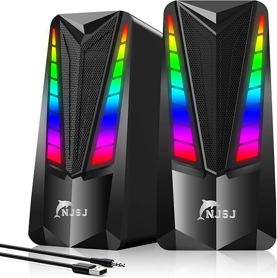 NJSJ Computer Speakers, PC Speakers for Gaming with 7 Dynamic RGB Modes, Volume Control, 2.0 USB-Powered & 3.5mm Aux-in Stereo Multimedia Speakers for Desktop, Laptops, Monitor, Projectors (Black)