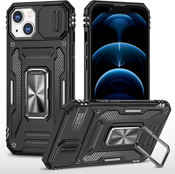 iPhone 14用ケース スライドカメラカバー付き 360度回転キックスタンド付き マグネット式 カーマウント機能付き iPhone 14 6.1インチ用 ブラック