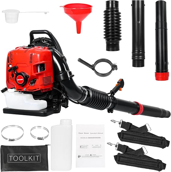 75.6cc 4-Stroke Backpack Leaf Blower Full Crank Gas Powered Leaf Blower 900CFM Airflow Low Fuel Consumption Light Weight for Snow Removal, Dust Removal, Leaf Blowing, Road Cleaning Red