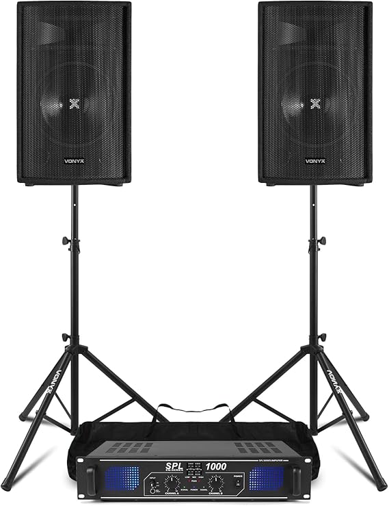 Vonyx 12" Passive DJ PA Speaker System with 1000W Amplifier, Stands, and Cables – Complete 2-Speaker Party & Event Sound Kit, 600W RMS Output, Full Range, Tripod Mounts