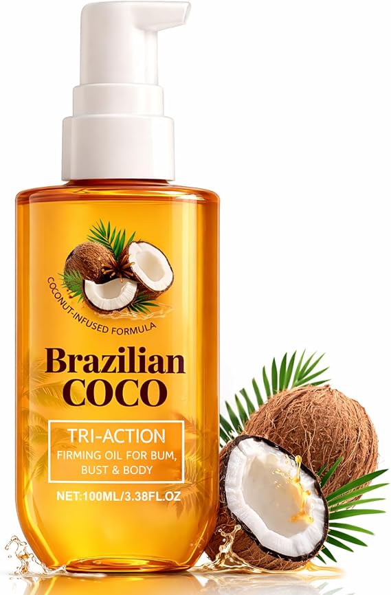 Coconut Body Oil - Brazilian Coco Body Oil for Dry Skin, Deep Moisturising Glow Oil for Body & Massage, Fast Absorbing Hydrating Body Oil, Lightweight Tightening & Firming of Bum,Bust & Belly