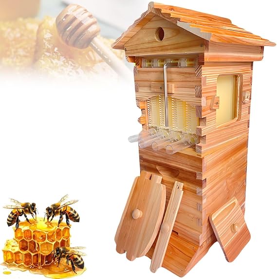 Beehive Beginner Kit, Self-Flowing Wooden Beehive with Observation Window & Honey Spout, Automatic Honey Harvesting for Garden Pollinators, Complete Bee Box