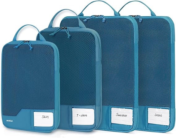 ECOHUB 4pcs Compression Packing Cubes, Suitcases Organiser Bag with Tag, Recycled Travel Bags Organiser for Backpack, Tear-resistant Packing Organiser for Carry On Luggage, Blue Green (Patent Pending)