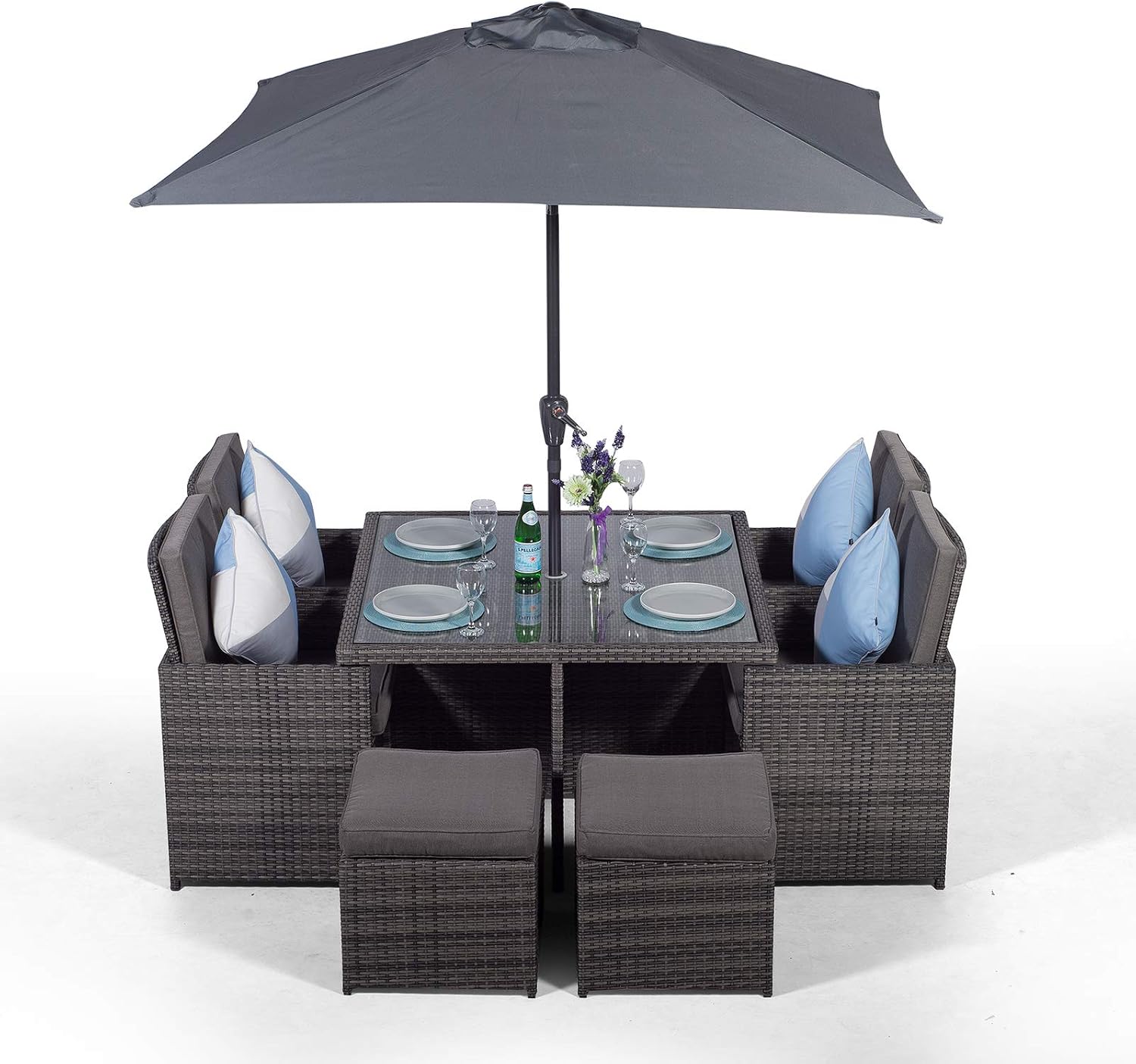 Giardino Rattan Cube Garden Dining Set Outdoor Furniture Patio Table & Chairs with 4 Stools, Parasol & Cover, 120 x 120 cm, 4-8 Seater, Brown