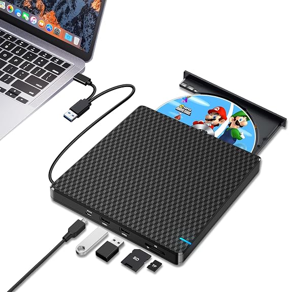 Guamar 外付けCD DVDドライブ:スリムポータブルUSB-Cバーナー ノートパソコン PC MacBook Mac Windows 11/10用 SD/TFスロット/2USBポート付き 高速データ転送 - プラグアンドプレイブラック