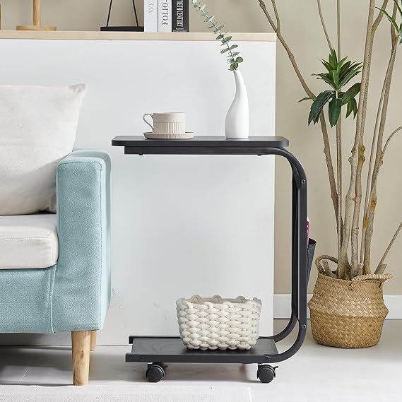 Pantanal C Shape Small Sofa Side Table with Storage on Wheels, Living Room Coffee Table End Table Bedroom Nightstand Bedside Table Cabinet, OBWJ202309