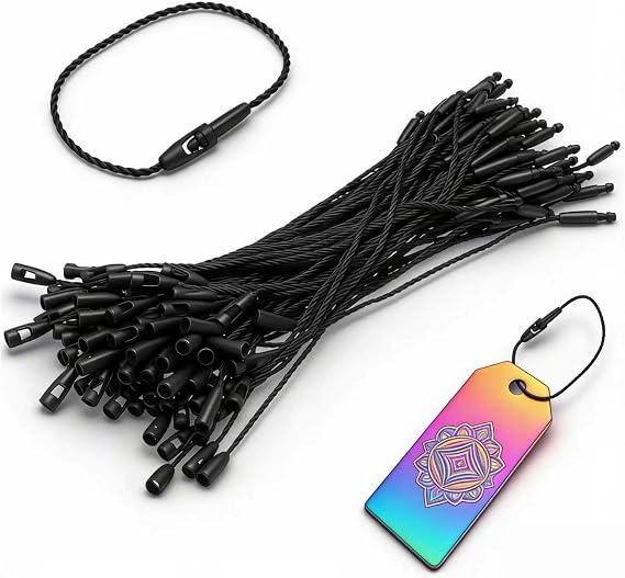 100 Pcs Black Polyester Hang Tag Strings 8''/20cm, Disposable Snap Lock Tag Fastener Hook Ties for Clothing Price Labels & Security Tags