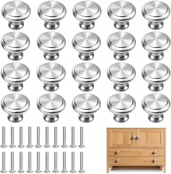 20PCS Kitchen Door Knobs and Handles for Cabinets and Drawers, 30mm Chrome Cabinet Knobs, Kitchen Cupboard Door Knob and Wardrobe Door Knob with Screws, Round Mushroom Drawer Pull Handles Furniture