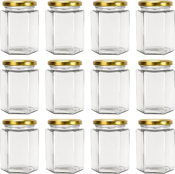 270 ml Hexagonal Jars with Golden Lid, 12 Pack 9 oz Airtight Mason Jars, Food Storage Jars for Spice, Jam, Honey, Yogurt, with 40 Stickers, 1 Pen