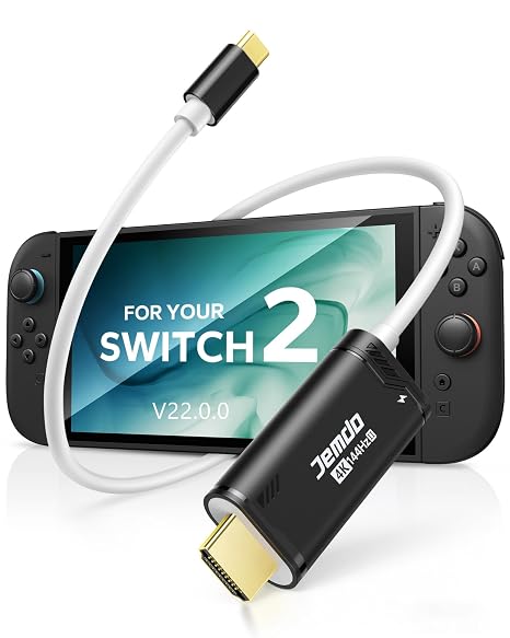 JEMDO Switch 2 Dock HDMI Adapter V22.0.0 Upgrade, 4K 144Hz USB-C 3.2 to HDMI 2.1 Cable, 48Gbps, 100W PD Play-While-Charging, Black Travel-Friendly Portable TV Adapter for Switch 2/OLED/2017