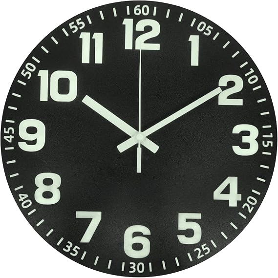 Wall Clock, Luminous Wall Clock, Wooden, Silent, Continuous Second Hand, Capital Letters, Visible at Night, Easy to Read, 11.8 inches 30 cm Diameter, Stylish, Home, Bedroom, Interior Black