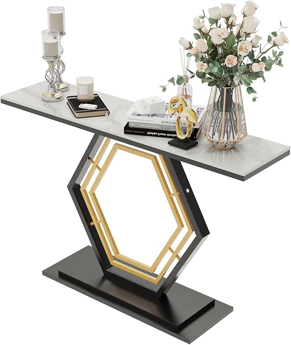Marble Console Table Sintered Stone: Luxury Modern Hallway Tables 120x30x78cm Snow Mountain White Textured High Gloss Marble Tabletop with Geometric Golden and Black Base Pedestal for Foyer Decor