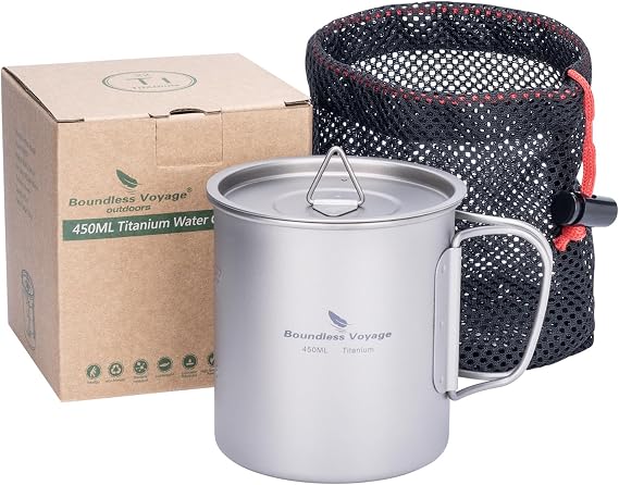 Boundless Voyage Titanium 450ml Cup with Lid Folding Handle Outdoor Camping Ultralight Water Tea Coffee Mug