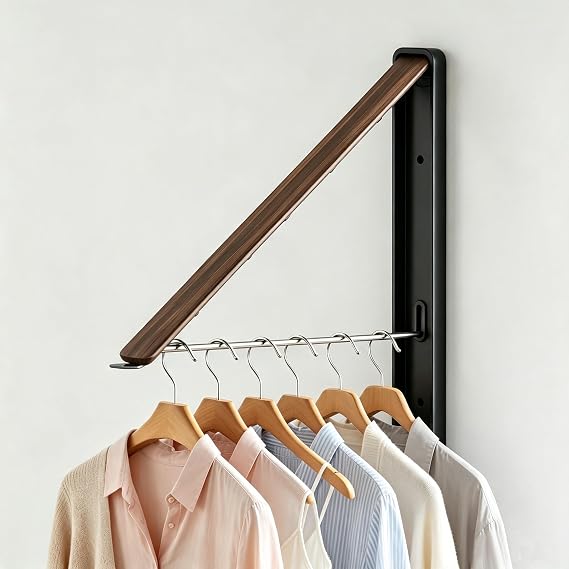 Clothes Drying Rack for Laundry Drying Rack Wall Mounted Clothes Hanger Rack Retractable Laundry Hanger Dryer Rack Space Saving Closet Organizer Aluminium (Walnut)