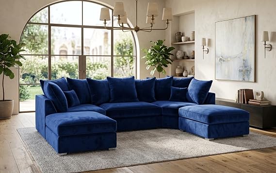 U Shape Settees - 7 Seater U Shaped Sofa - Large Modular 5pc Sofa Suite with Moveable Footstools - Upholstered Plush Velvet Sofas with High & Scatter Back Cushions for Indoor (Blue, Scatter Back)