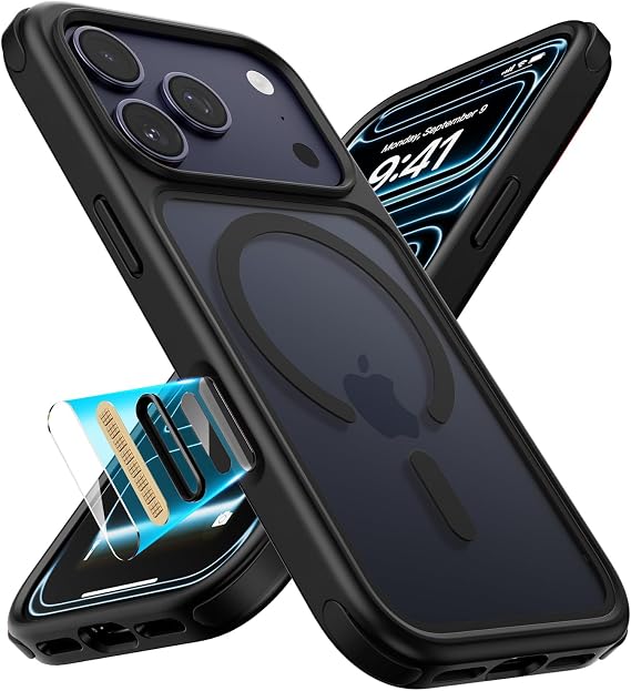 Mobnano iPhone 17 Proケース、MagSafe対応、磁気リング付きクリスタルクリアケース、マルチカラー保護耐衝撃バンパー、黄ばみ防止スリムカバーメンズレディース-ブラック