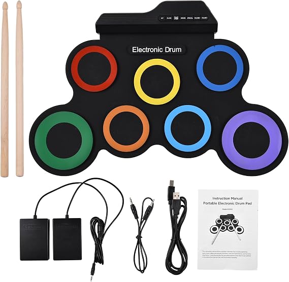 Portable Drum Pad Kit, Electronic Drum Set 7 Pads With Headphone Jack Pedals Drumsticks Musical Practice Pad Kit For Outdoor Parties