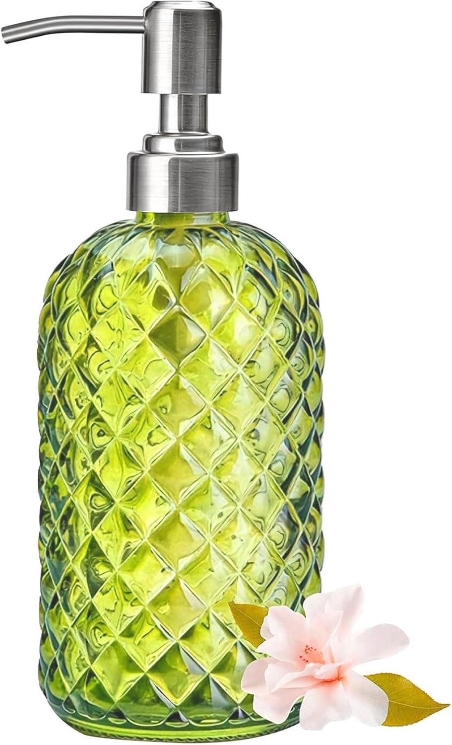 Glass Soap Dispenser Green - 350ml/ 16 Oz Hand Soap Dispenser with Rustproof Stainless Steel Pump Liquid Hand Jar Refillable Glass Bottle for Bathroom Countertop Kitchen Laundry Room