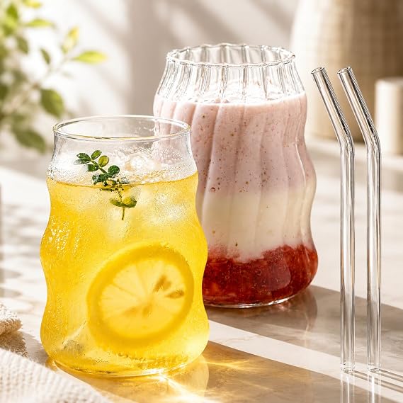 2 Pcs Ribbed Glass Cups Set with Straws
