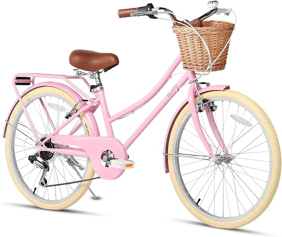 Glerc Missy 20 24 26 Inch Girls Bike Cruiser Hybrid 6-Speed City Bicycle for Women Ladies & Youth with Wicker Basket & Kickstand, Multiple Colors
