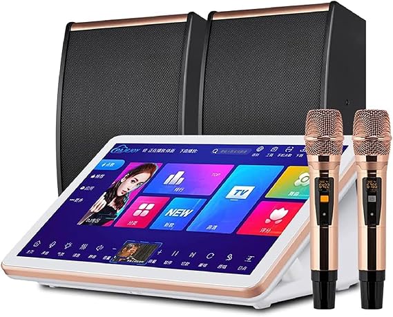 18.5" Karaoke System Desktop KTV Player, Capacitive Touch Screen Karaoke Machine with Wireless Microphone, Power Amplifier Function, AI Smart Voice Control Song Function Color: White, Size: 6T