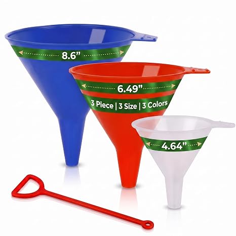 Funnel - 3 Pack of Round Kitchen Funnels for Filling Bottles, Jars & Containers - Automotive Oil Funnel for Gas, Lubricants and Fluids, Blue/Red/White