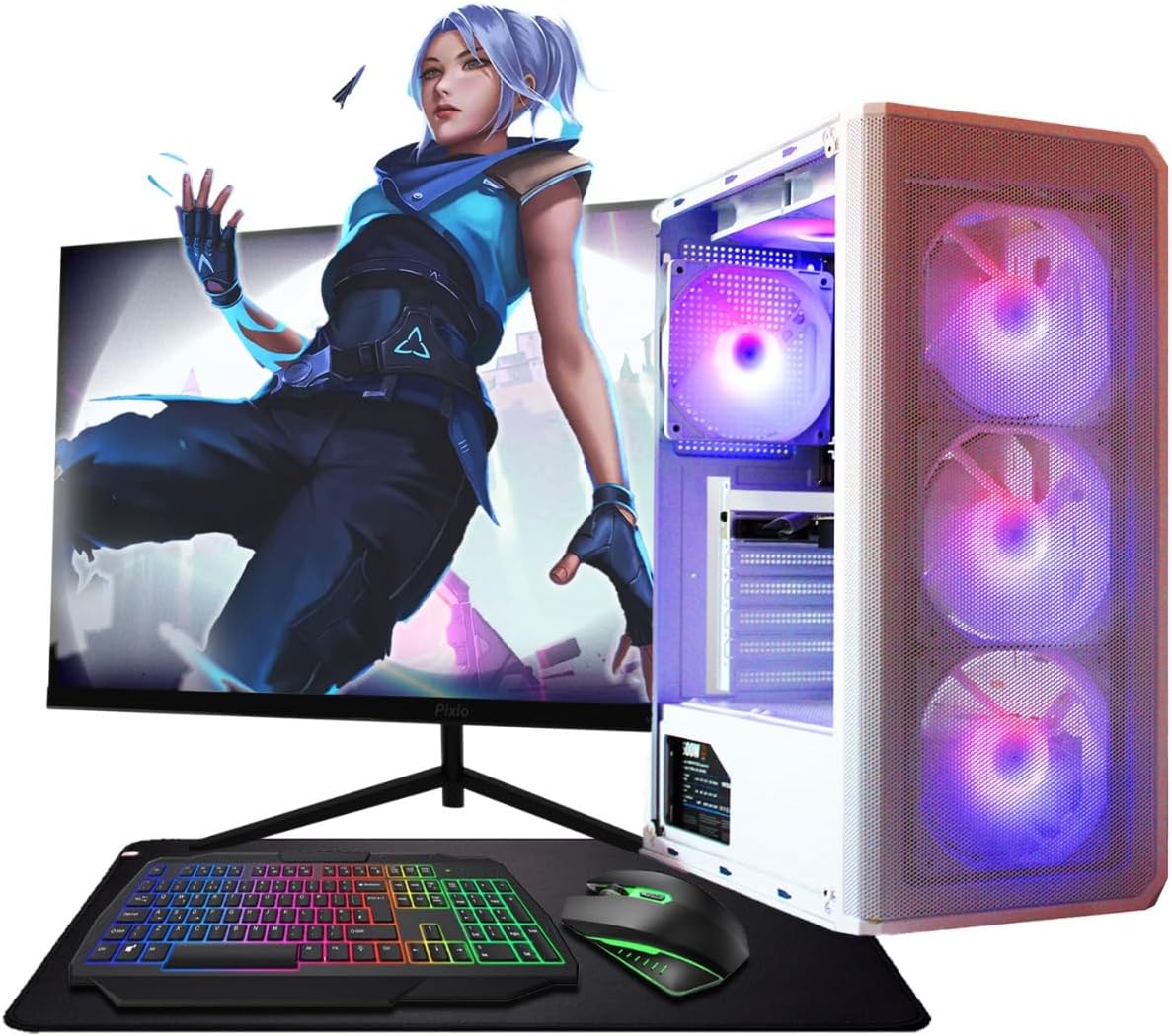 Gaming PC Computer Bundle, i7, 8GB RAM, GT 1030 2GB, 256GB SSD  1TB HDD, 500W 80 PSU, White 6 Fan RGB Case, WiFi, Windows 11, 22" Monitor