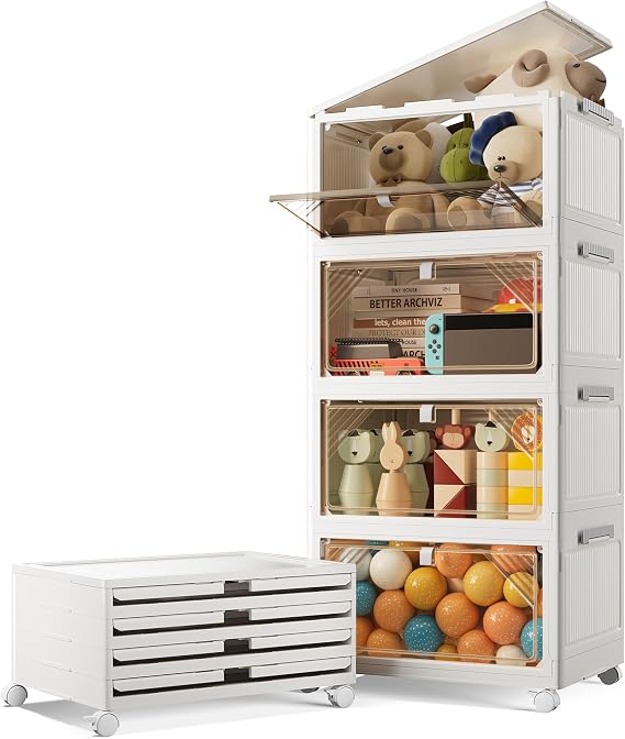 50L*4 Tier Stackable Storage Boxes with Lid, Flip-Door Plastic Storage Boxes on Wheels, Foldable Collapsible Plastic Drawers Folding Bins Containers for Home Wardrobe Office Organisation