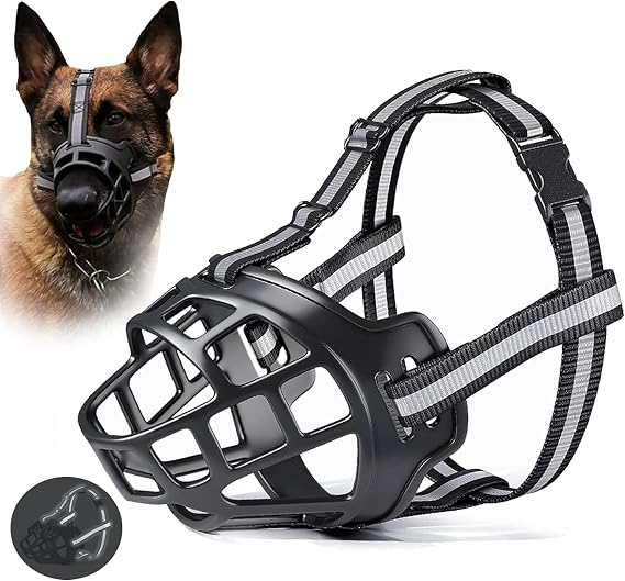 Black Dog Muzzle for Large Breed Adjustable Dogs Muzzles for Xl Bully Breathable Basket Muzzle,Soft Silicone Basket Muzzles with Reflective Strip to Prevent Biting Barking Chewing,Dogs Can Drink(M)