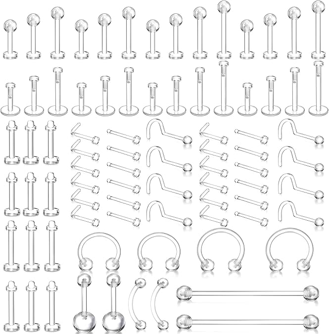 82Pcs Clear Piercing Retainers, Plastic Piercings for Surgery