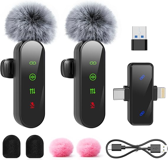 Wireless Lavalier Microphone for iPhone, iPad, Android Phones & PC, 2 pack