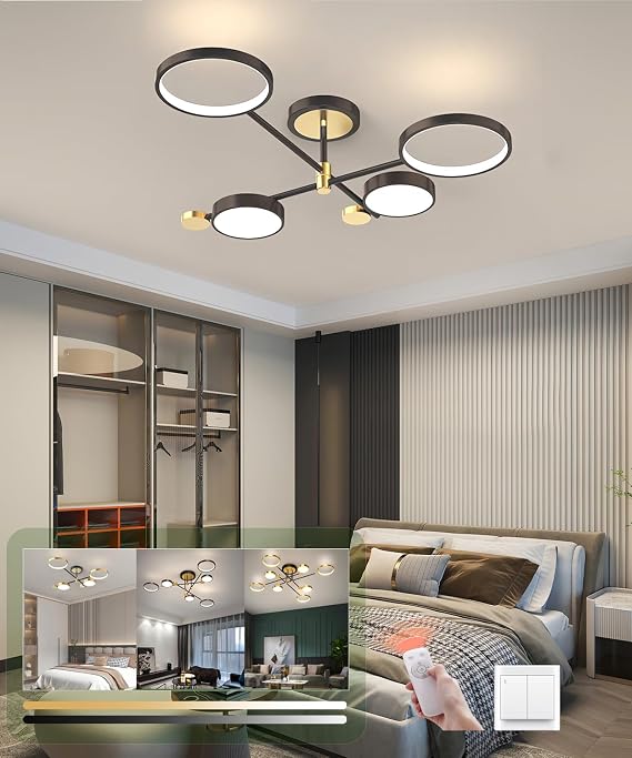 Modern LED Ceiling Light 4 Heads Dimmable Living Room Ceiling Light Bedroom Ceiling Lamp for Office Kitchen Dining Room Chandelier (Black, 4 Heads) [Energy Class B]